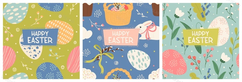 Happy Easter holiday greeting card square template isolated set. Invitation postcard, congratulation social media post cover, typography sale brochure with cute design vector illustration
