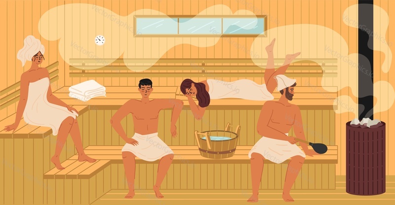 Group of young people relaxing at public sauna steam room scene Men and women wrapped in towels sitting at wooden bench of bathhouse vector illustration