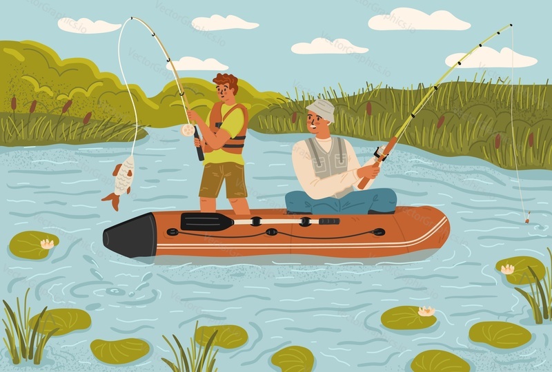Senior father and adult son enjoying fishing hobby time together catching fish while sitting in inflatable boat among lake reeds vector illustration. Masculine leisure activity on weekend concept