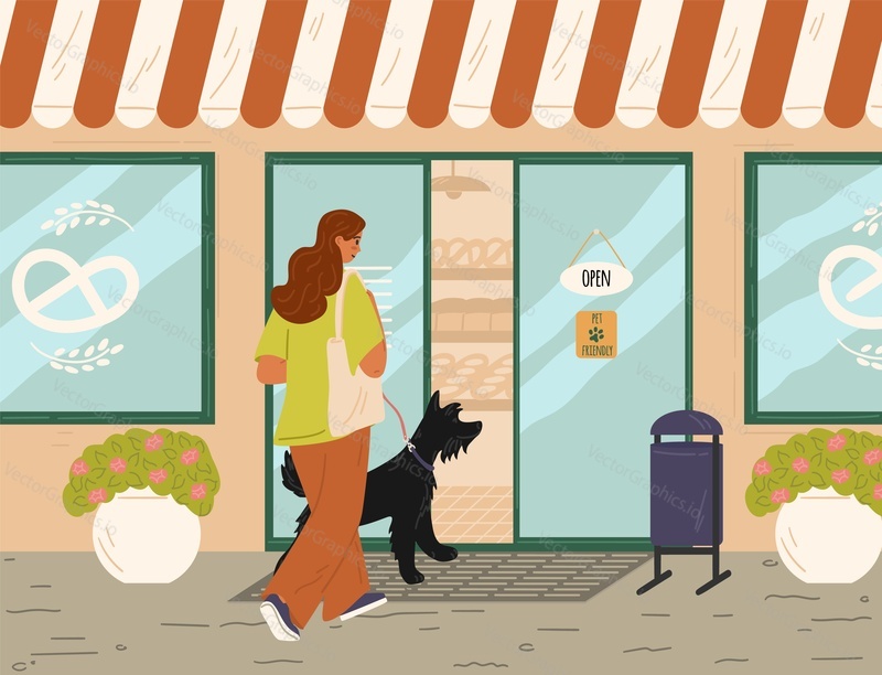 Woman pet owner with puppy visiting bakery or pastry shop scene. Dog-friendly environment vector illustration