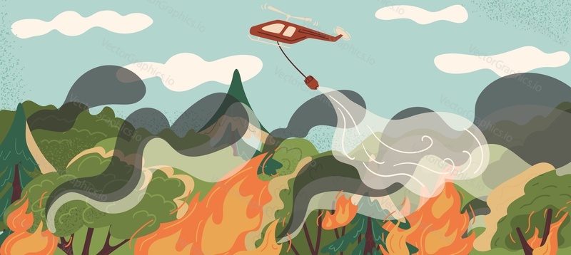Rescue helicopter extinguishing wild forest fire scene. Woods landscape damage prevention, stopping blazing flames by air vehicle dropping water from bucket onto burning trees vector illustration