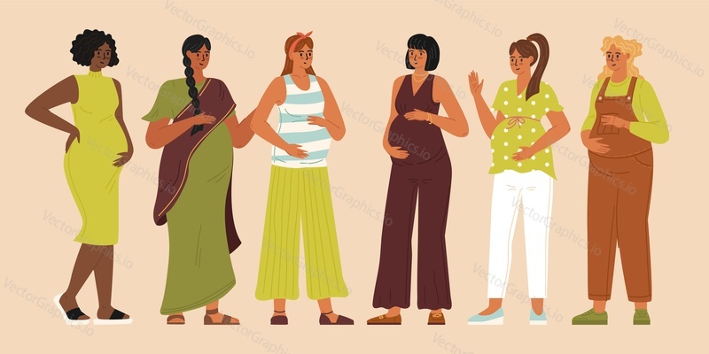 Beautiful pregnant woman characters of different nationalities standing in row vector illustration. Diversity, multiethnic society, happy mothers day concept