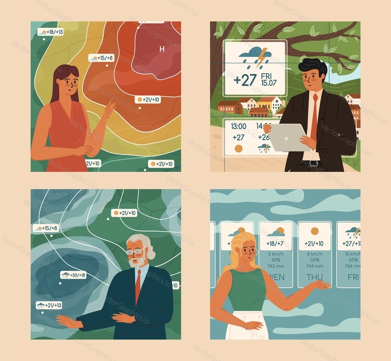Weather forecast scene with male or female TV show host characters telling about nature and environment changes due to information from meteorology station vector illustration