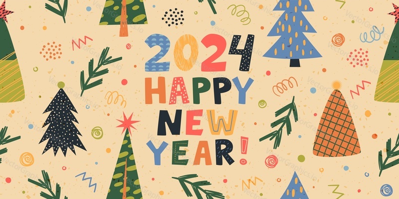 2024 Happy New Year colorful poster or web banner vector illustration design with xmas fir trees and branches in modern minimalist style