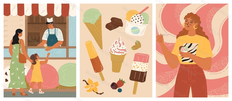 Ice-cream street market scene. Happy woman eating delicious frozen dessert, mother with cheerful daughter buying cold snack vector illustration