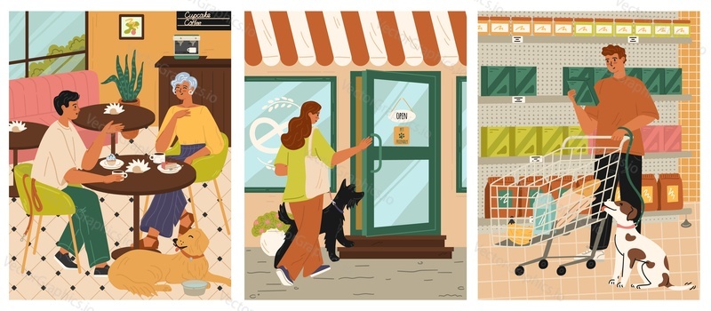 Pet owner with dog going shopping, visiting restaurant or bakery shop scene. Man and woman with friendly puppy domestic animal spending time together vector illustration. Dog-friendly places