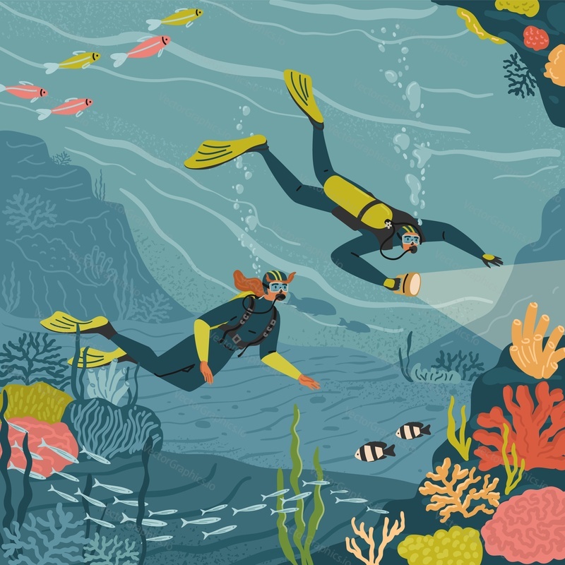 Пара мужчин и женщин в аквалангах и костюме наслаждаются романтическим подводным плаванием, плавая вместе под водой, наблюдая за морскими обитателями океана и коралловыми рифами векторная иллюстрация