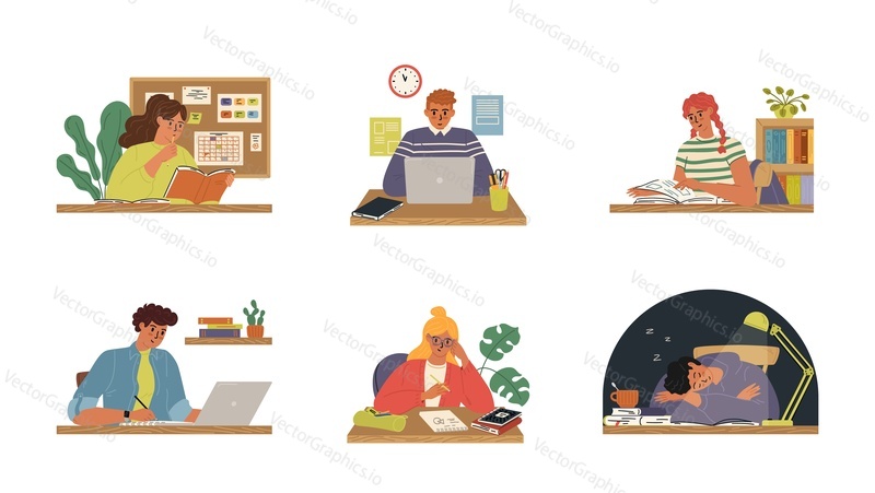 Different student characters studying at home, in library, online and offline isolated set. Male and female pupils reading, doing homework and research work, using laptop computer vector illustration
