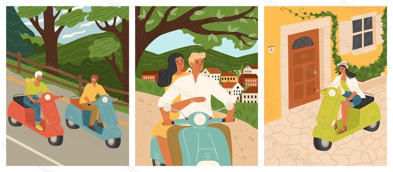 Young people enjoying scooter riding scene set. Happy man and woman using eco-friendly vehicle for transportation, travel trip adventure and doing shopping vector illustration