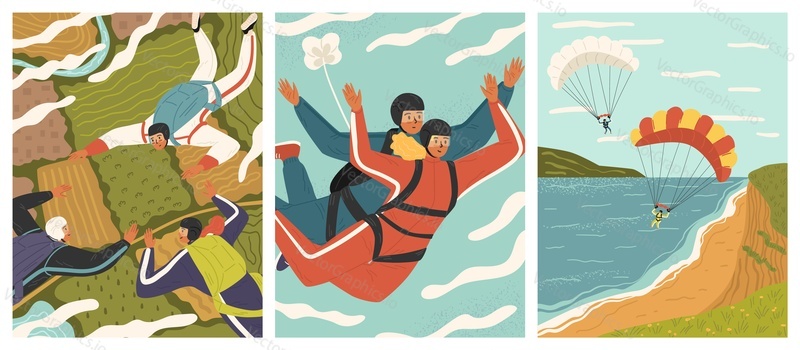 Happy people enjoying parachute sport and skydiving scene set. Active man and woman in flight suspending in air vector illustration. Joyful person during extreme leisure time