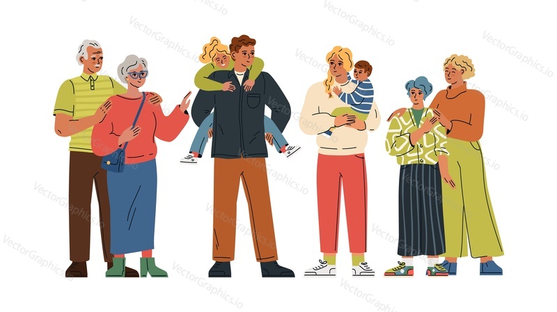 Big family with children portrait isolated on white background. Grandfather and grandmother, mother, father, little and adult children characters standing together vector illustration