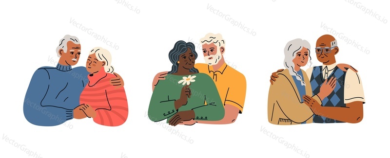 Счастливая любящая пожилая супружеская пара, обнимающаяся с чувством обожания и романтических эмоций векторная иллюстрация. Портрет старика и женщины, обнимающихся вместе, изолированных на белом фоне. Любовные отношения