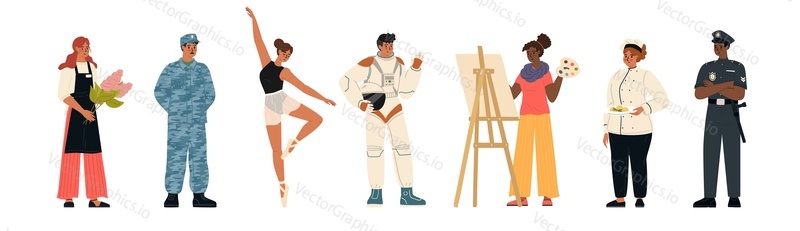 Flat people characters with various job occupation and hobbies. Florist, military soldier, ballerina dancer, astronaut, artist, master chef, guard policeman vector illustration