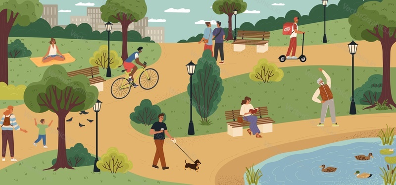 Different people walking, riding eco-friendly transport, training in park vector illustration. Active adults and kids enjoying leisure activities on weekend vacation at urban recreation area