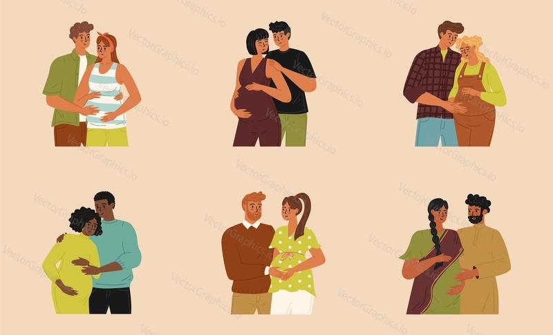 Isolated set of loving couple characters expecting childbirth. Husband hugging pregnant wife vector illustration. Pregnancy and happy family relationship concept