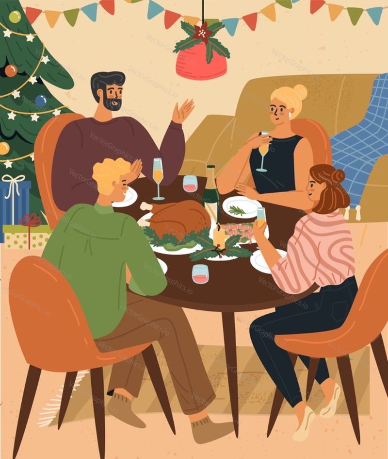 Happy family characters having festive dinner at home dining table celebrating Christmas and New Year vector illustration. Mother, father and children eating, drinking and talking together