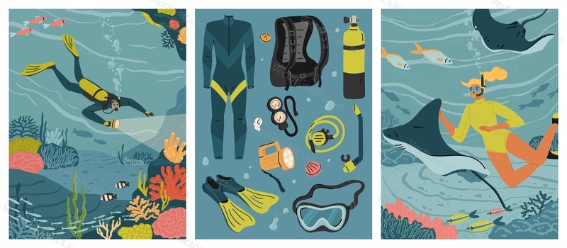 Diving with scuba gear and snorkeling mask scene set. People enjoying extreme water activities to watch beautiful underwater ocean sea world vector illustration