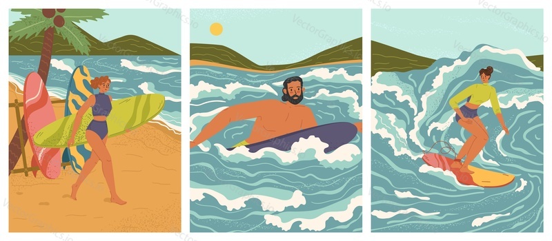 Happy people tourist surfing enjoying beach activities scene set. Man and woman surfers in beachwear riding surfboards vector illustration. Vacation time on tropical resort