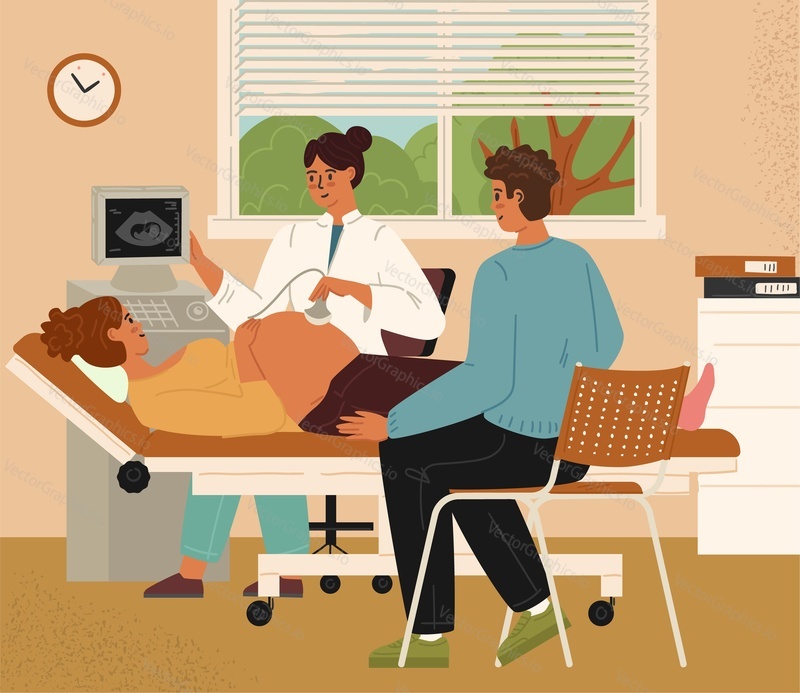 Husband and pregnant wife at ultrasound diagnostics screening scene. Consultation, diagnosis at maternity center vector illustration. Safety pregnancy concept