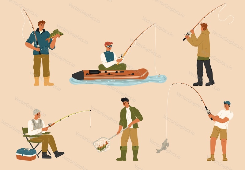Isolated set of fisherman character with spinning rod catching fish from inflatable boat or river bank. Senior, young adult fisher enjoying outdoor hobby masculine weekend activity vector illustration
