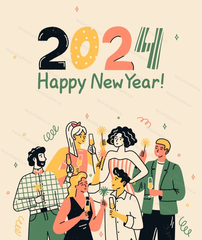 Поздравительная надпись с наступающим новым годом 2024 и группа взволнованных людей, празднующих событие, аплодирующих и чокающихся бокалами. Векторная иллюстрация в стиле минимализм
