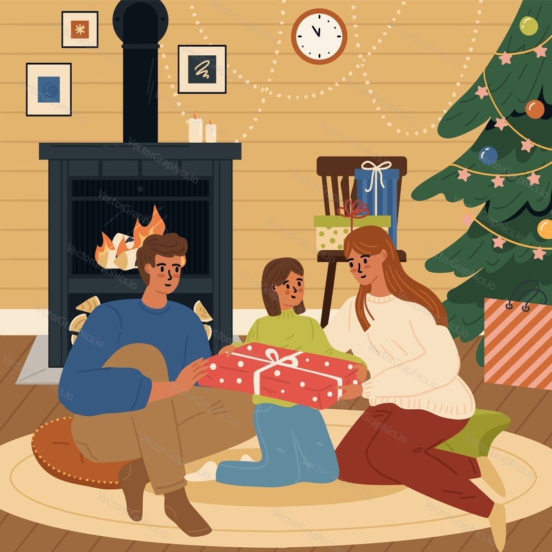 Счастливая семья празднует Рождество и Новый год дома векторная иллюстрация. Любящие родители дарят подарочную коробку своей очаровательной дочери, сидя на полу гостиной