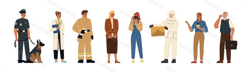 Different people characters and various professions isolated set. Vector illustration of policeman with bloodhound dog, doctor, teacher, firefighter, photographer, beekeeper, journalist, academician