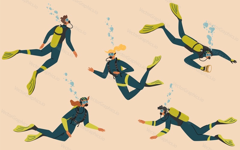 Male and female scuba diver characters in wetsuit gear, aqualung and goggles swimming and floating isolated set. Tourist or sportspeople enjoying extreme underwater activity vector illustration