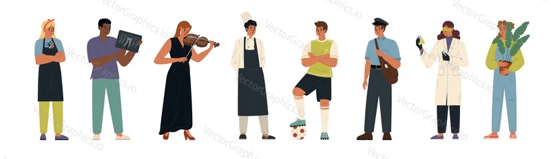 People of different professional occupation and hobby activities set. Hairdresser, dentist, violinist musician, cook master chef, football player, postman, lab worker, florist vector illustration