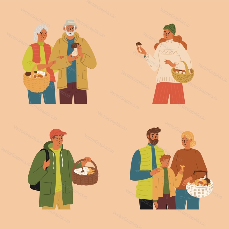 Isolated set of diverse people characters picking mushrooms. Old senior couple, young man and woman alone, happy family of parent and boy child enjoying harvesting in forest vector illustration