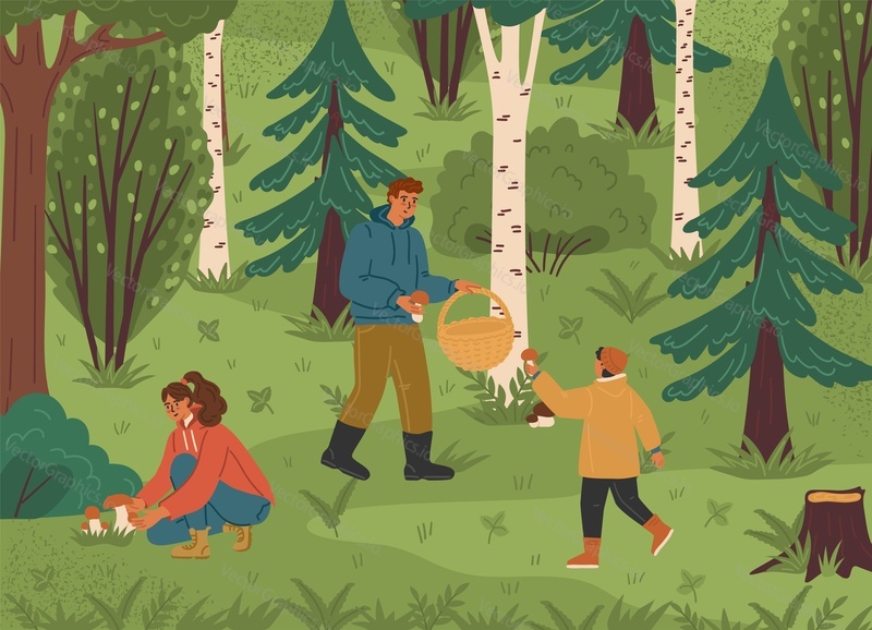 Счастливая семья собирает грибы в лесу векторная иллюстрация. Веселые взволнованные родители и ребенок нашли лесную поляну со съедобным грибом. Выходные, проведенные вместе на свежем воздухе осенью
