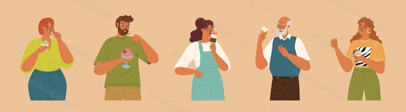 Happy people characters eating frozen ice-cream isolated set. Man and woman of different age enjoying cold dessert snack vector illustration