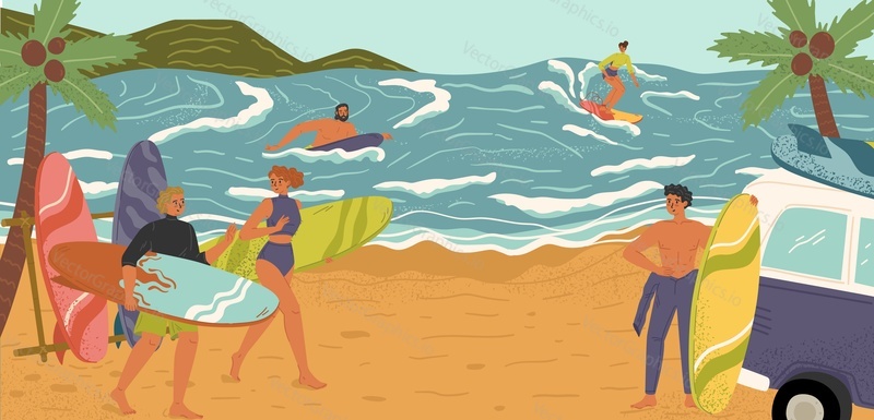 People rest on seaside enjoying surfing water activities vector illustration. Summer wave riders with surfboards. Tropical Hawaiian lifestyle, exotic resort on beach recreation