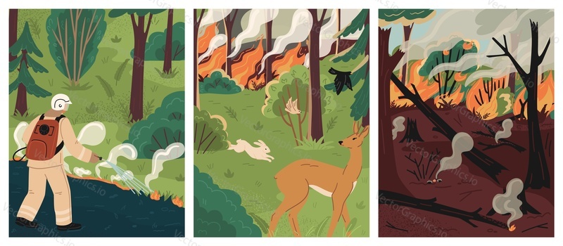 Forest fire scene. Scared running animals, burnt trees and fireman trying to stop blaze inferno outbreak vector illustration. Natural or man-made disaster concept