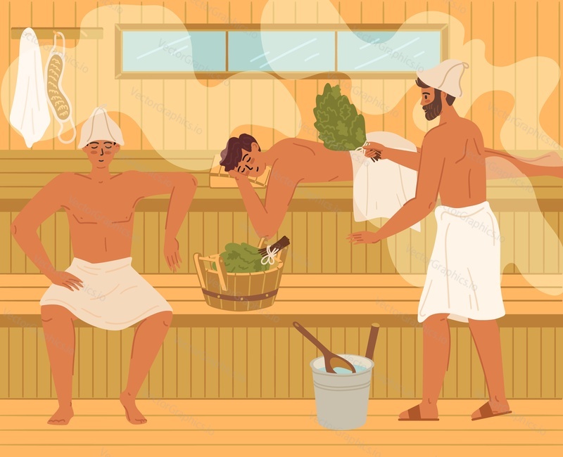 Group young male friends at sauna steam-room scene. Massaging with oak broom accessory, detox procedure with hot steam vector illustration. Happy healthy weekend for man