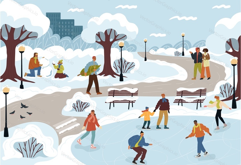 Толпа людей, проводящих время в векторной иллюстрации зимнего парка. Пара, родитель с детьми, персонажи гуляют, лепят снеговика, несут рождественскую елку, катаются на коньках вместе