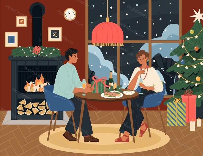 Счастливая любящая пара празднует Рождество и Новый год, сидя за столом с праздничным ужином и напитками дома, векторная иллюстрация. Концепция романтического вечера во время зимних каникул