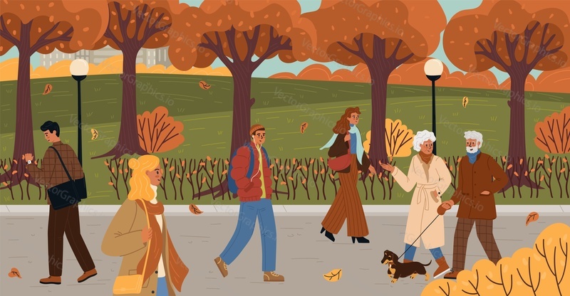 Персонажи разных людей прогуливаются по осеннему городскому парку под падающими листьями векторной иллюстрации. Мужчина и женщина идут на работу или учебу, разговаривают, слушают музыку. Сцена осеннего сезона