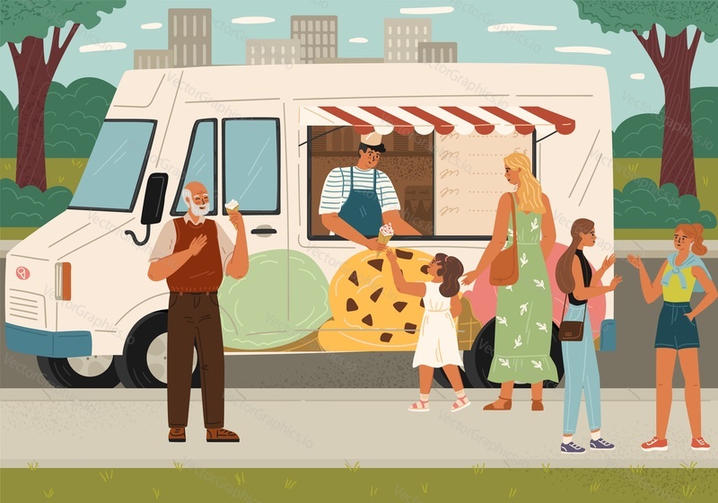 Happy people characters spending time in city park buying and eating ice-cream cool dessert at food truck booth market vector illustration