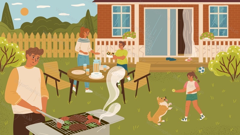 Счастливая семья наслаждается барбекю-пикником на заднем дворе векторной иллюстрации коттеджного домика. Родители и дети проводят время вместе, готовя, общаясь, принимая пищу, занимаясь развлекательными мероприятиями на открытом воздухе