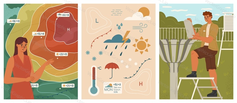 Weather forecaster and meteorologist at work scene. Atmosphere study at met station, prediction climate change, meteorology program streaming vector illustration
