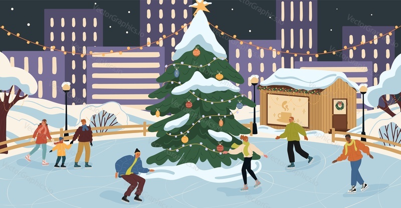 Crowd of happy people characters skating at ice rink Christmas during city outdoor activity on winter holidays vacation vector illustration. Urban landscape and active man, woman, parent and children