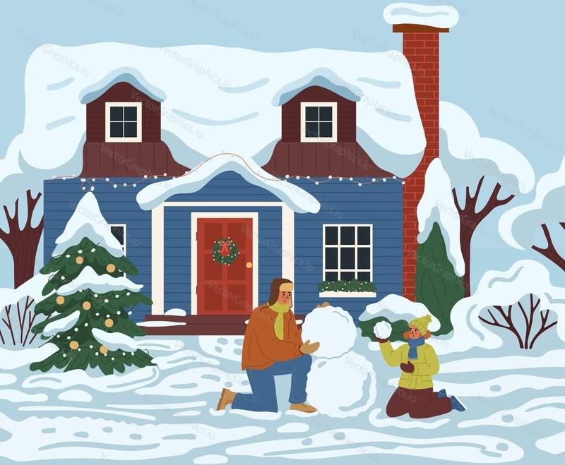 Happy dad and son characters making snowman in yard vector illustration. Christmas and winter vacation time scene