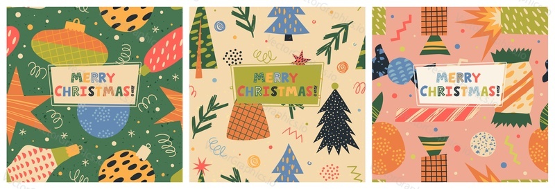 Изолированный набор шаблонов поздравительных открыток с Рождеством. Рождественский праздничный веб-баннер, обложка для социальных сетей, печать с поздравительным заголовком и векторной иллюстрацией с рисунком кануна