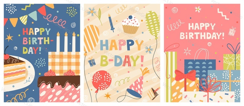 Happy birthday greeting card festive design isolated set. Templates for congratulation and invitation with celebration accessories, party supplies and surprise gifts decoration vector illustration