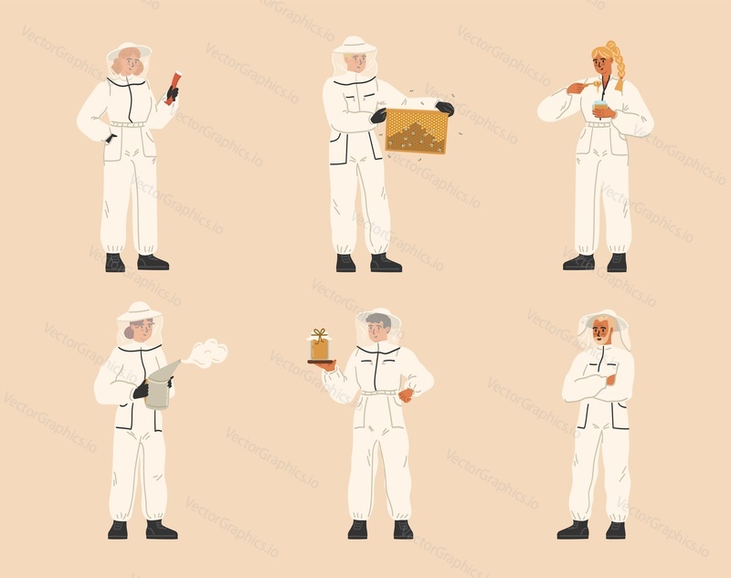 Isolated set of hiver characters wearing bee protection suit holding different beekeeping tools for honey extracting and production, insect caring vector illustration