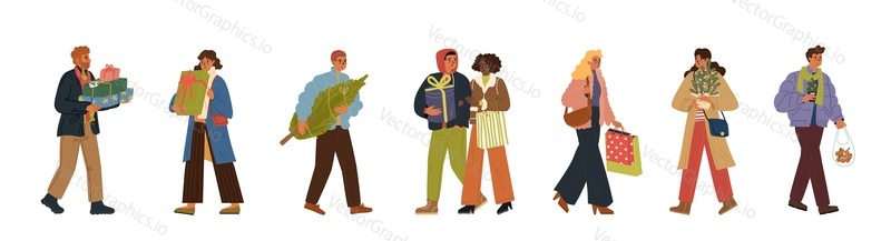Set of people preparing for celebrating winter holidays. Walking man and woman holding xmas tree, present boxes and purchases. Merry Christmas and Happy New Year shopping vector illustration
