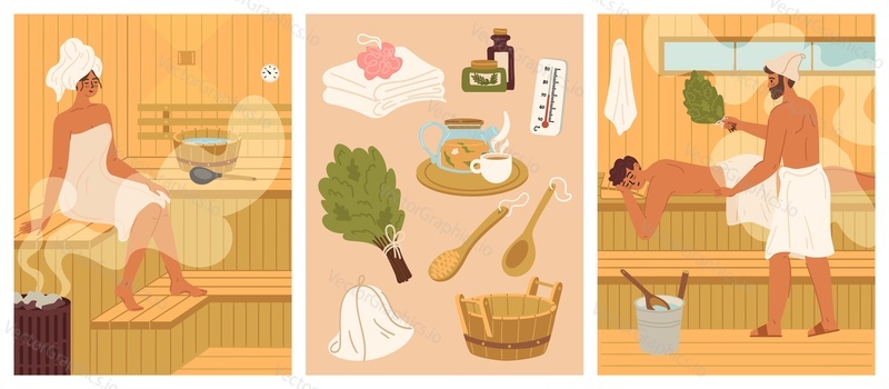 Sauna scene. Relaxed people characters taking steam bath, having massage with oak brooms and bathing accessories vector illustration. Cosmetology, healthcare and hygiene procedure