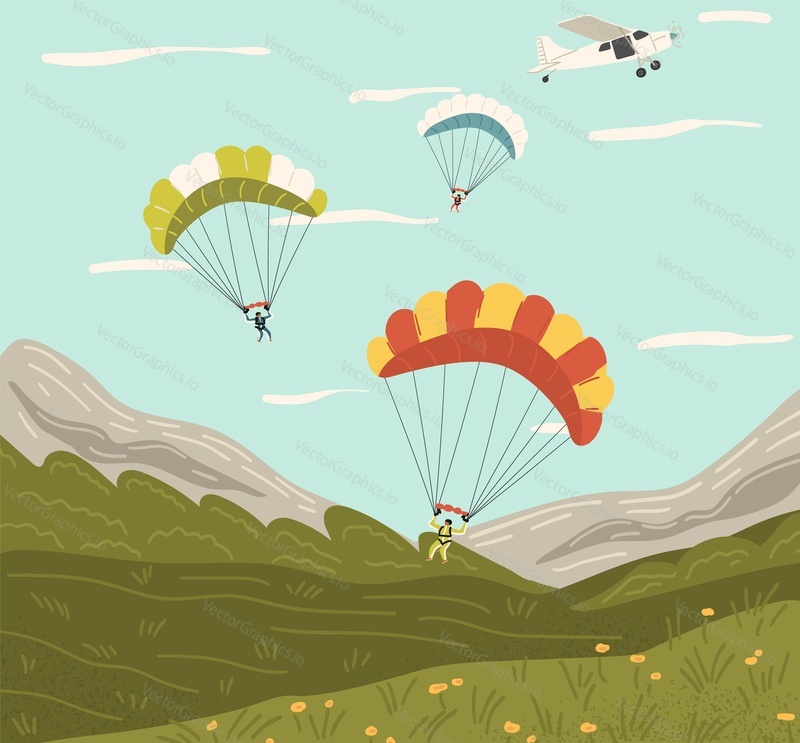 Skydiving scene with extreme sport lovers jumping from plane with parachute. People enjoying adrenaline, risk and danger vector illustration