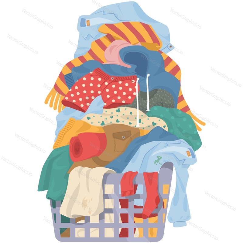 Dirty clothes pile in laundry basket vector. Heap full stinky stained linen and clothing for wash isolated on white background
